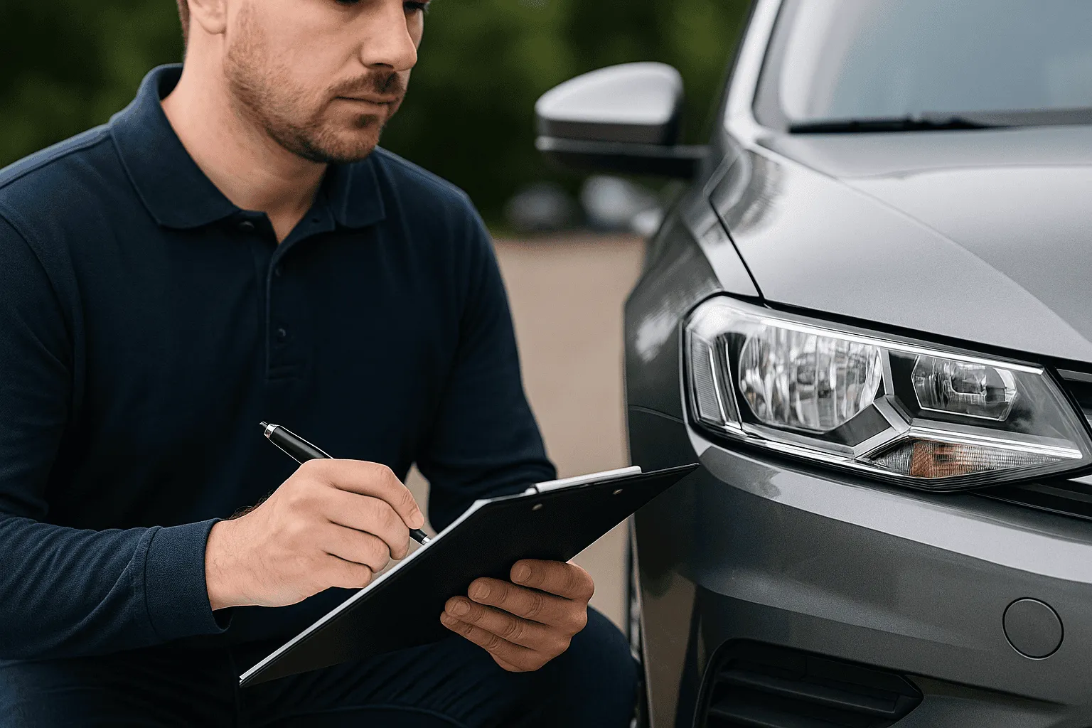 stock4 Man untersucht Auto fuer Fahrzeugbewertung