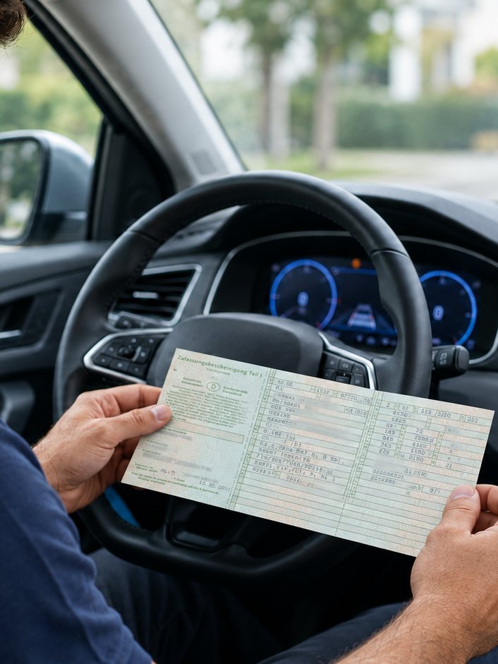 Sachverständiger prüft im Fahrzeug die Zulassungsbescheinigung für die Fahrzeugbewertung