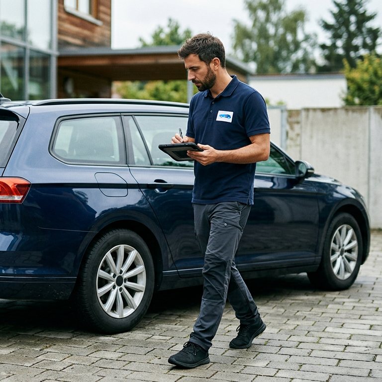 Sachverständiger begutachtet einen dunkelblauen Kombi für die Fahrzeugbewertung
