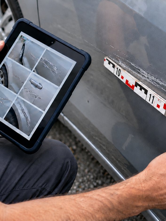 Sachverständiger dokumentiert Kratzer an einer Autotür mit Zollstock und Tablet
