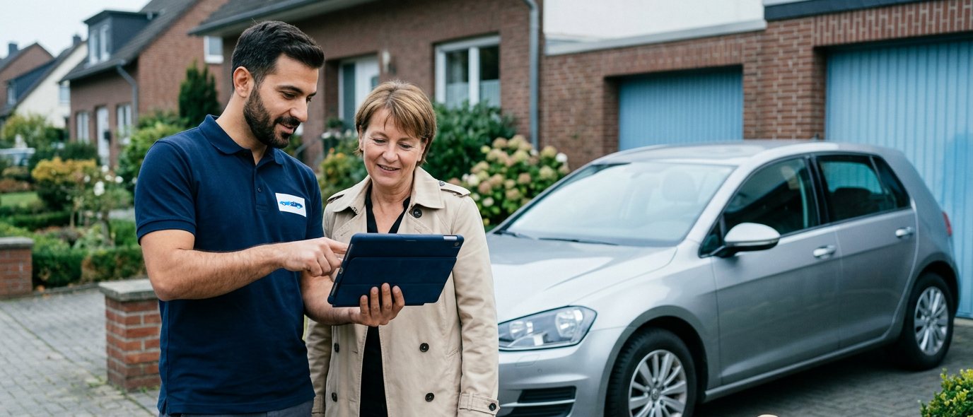 Sachverständiger bespricht das Gutachten auf dem Tablet mit einer Kundin vor ihrem Auto