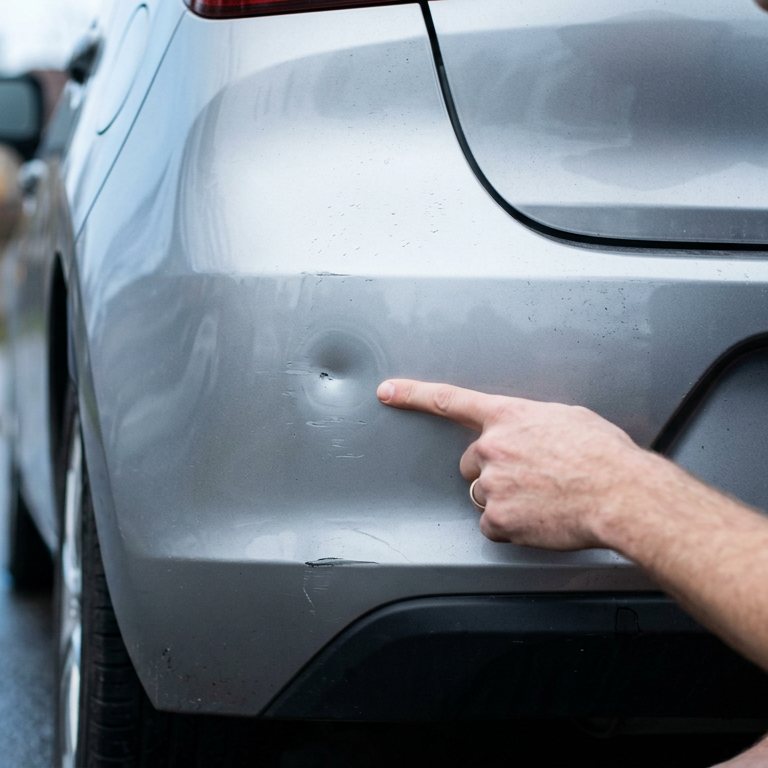Kleine Delle am hinteren Stoßfänger eines silbernen Autos