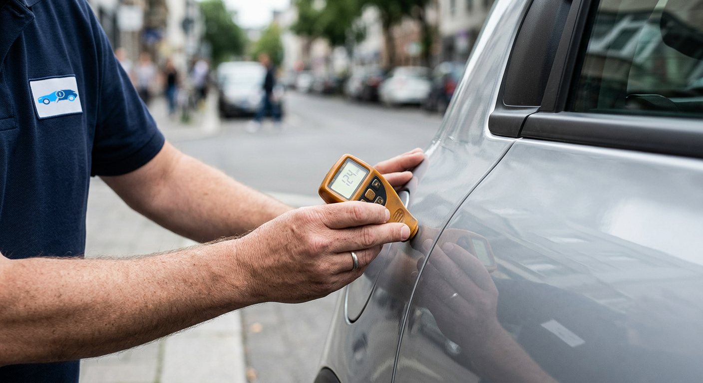 Sachverständiger misst mit einem Schichtdickenmessgerät den Lack an einer Autotür