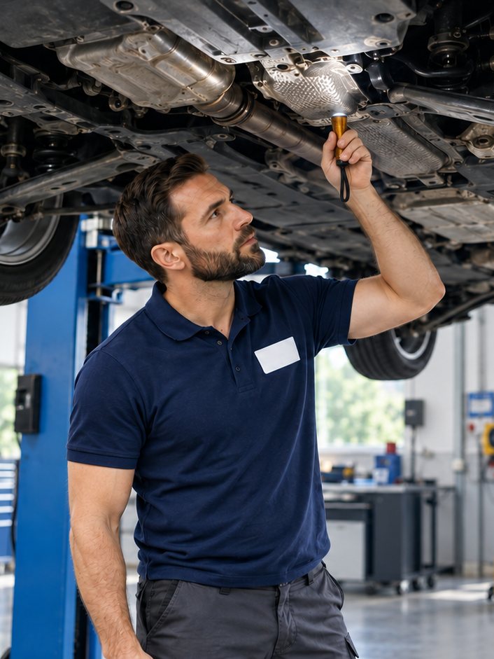 Sachverständiger prüft den Unterboden eines Autos auf der Hebebühne